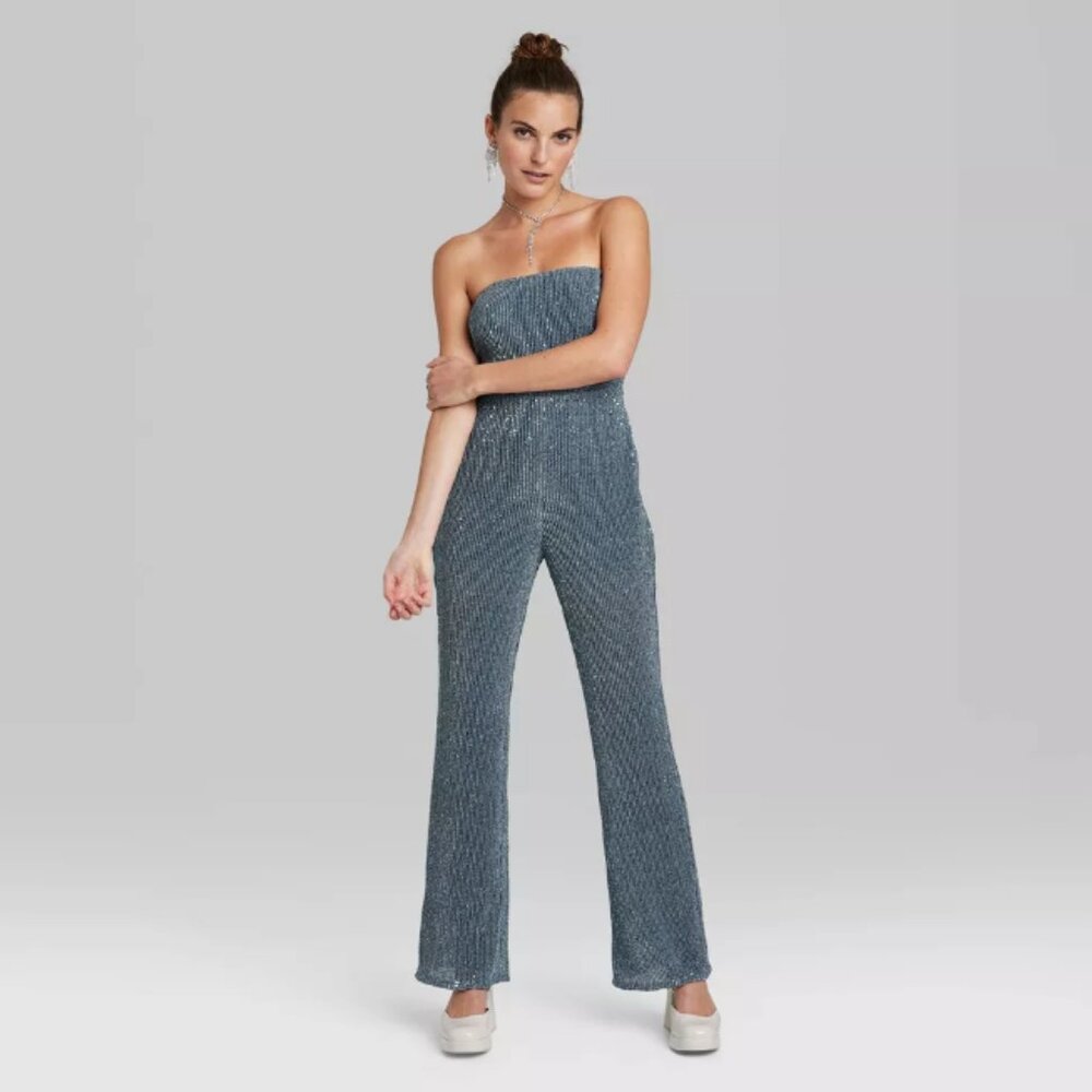 Wild Fable Women's Tube Sequin Slate Blue Mesh Jumpsuit